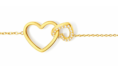 Gold double heart bracelet with sparkling crystals, , medium