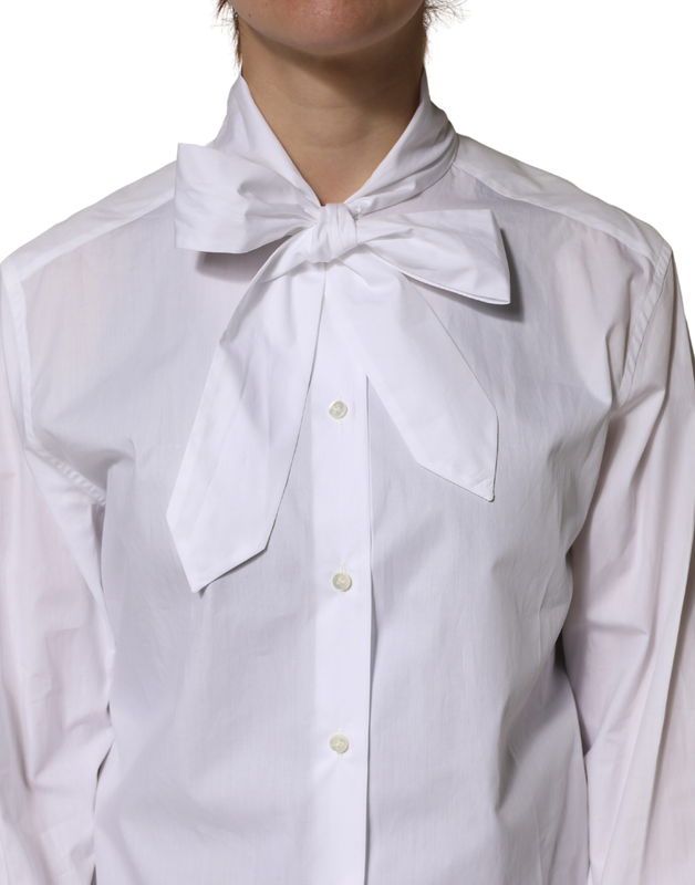 White cotton bow tie long sleeves blouse top-null