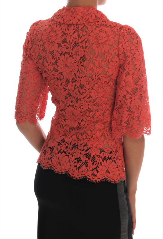 Orange crystal buttons floral lace blouse-null