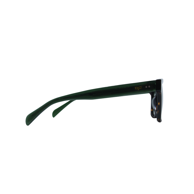 OJO sunglasses shield handmade shell brown frame and clear green temples with green polarised lenses image number null