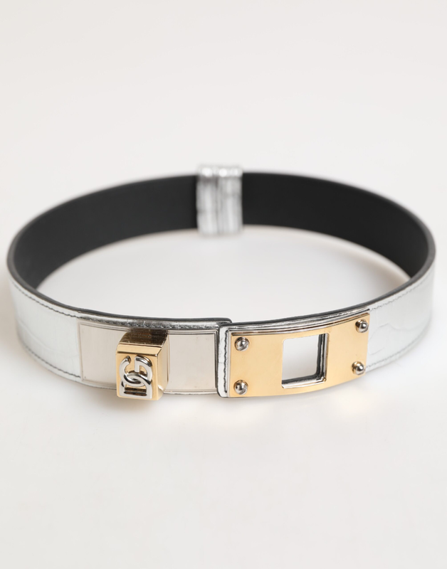 Silver textured leather gold tone metal neckband-null