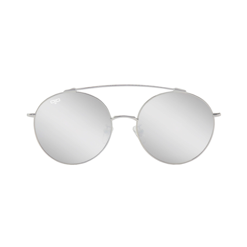 OJO man round sunglasses silver frame and temples with gray mirror polarised lenses rx comp.-null