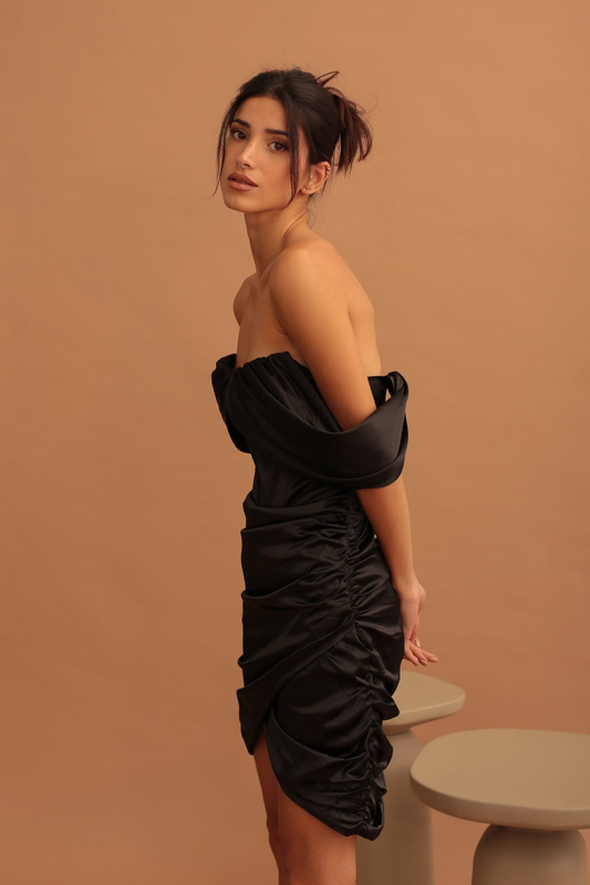 Mini draped satin dress - black-null