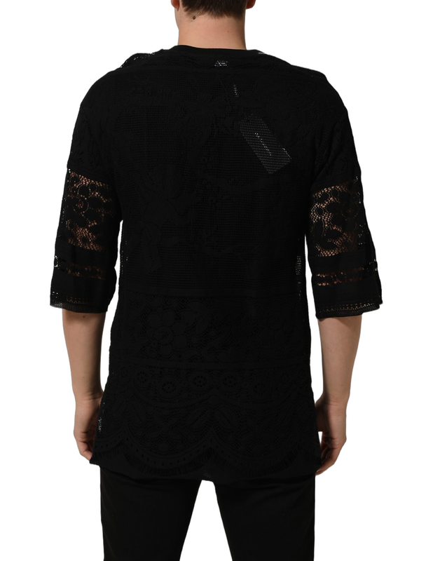 Black cotton floral lace crew neck t-shirt-null