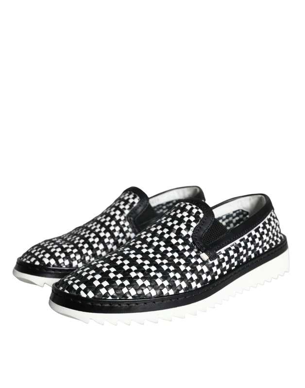 Black white weaved slip on men loafers shoes-null