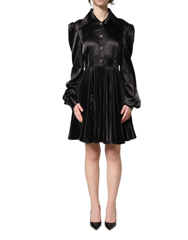 Black satin long puff sleeves pleated dress-null