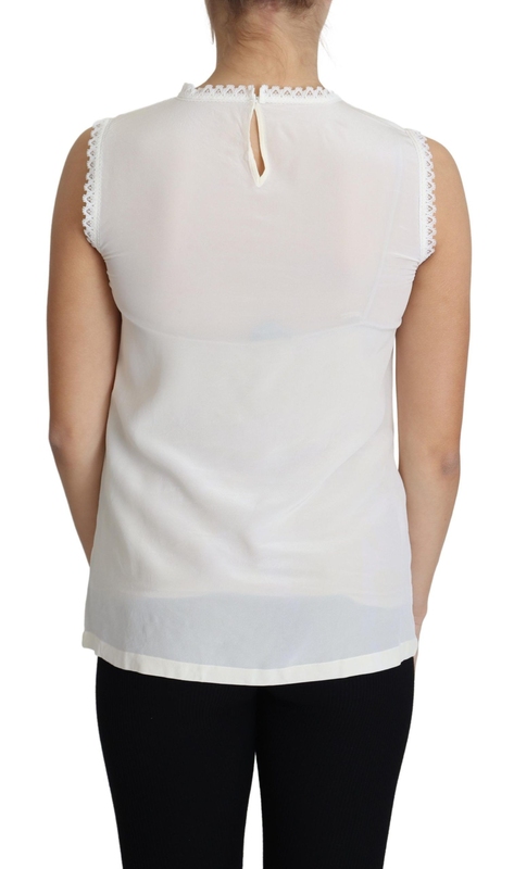 White blouse silk lace trimmed sleeveless top-null