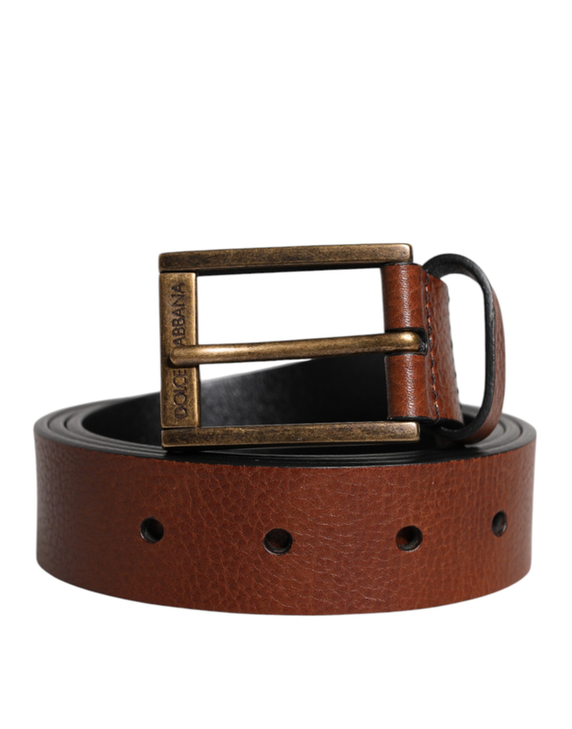 Brown calf leather classic metal buckle belt-null