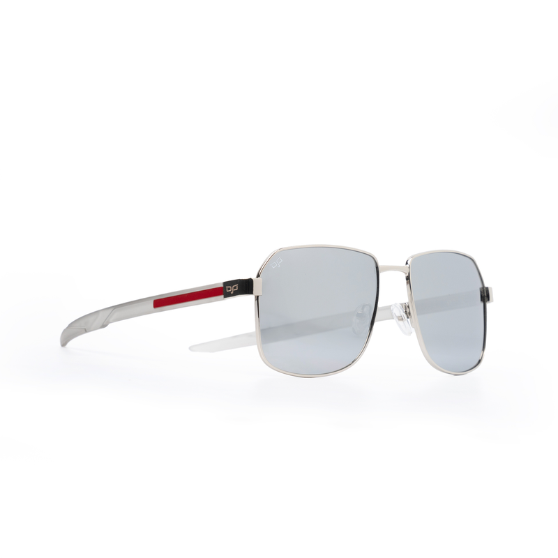 OJO sunglasses square silver frame and clear grey temples with grey silver mirror polarised lenses-null