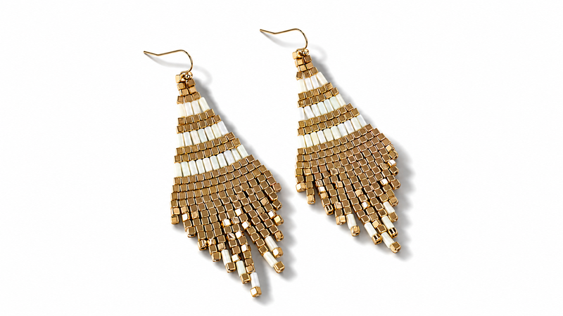 Handmade gold & white beaded tassel earrings-null
