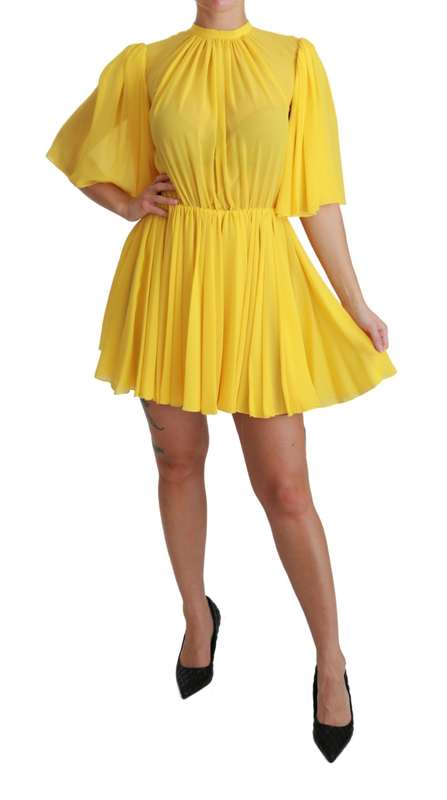 Yellow pleated a-line mini 100% silk dress-null