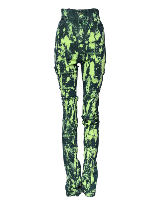 Green color splash high waist denim jeans-null
