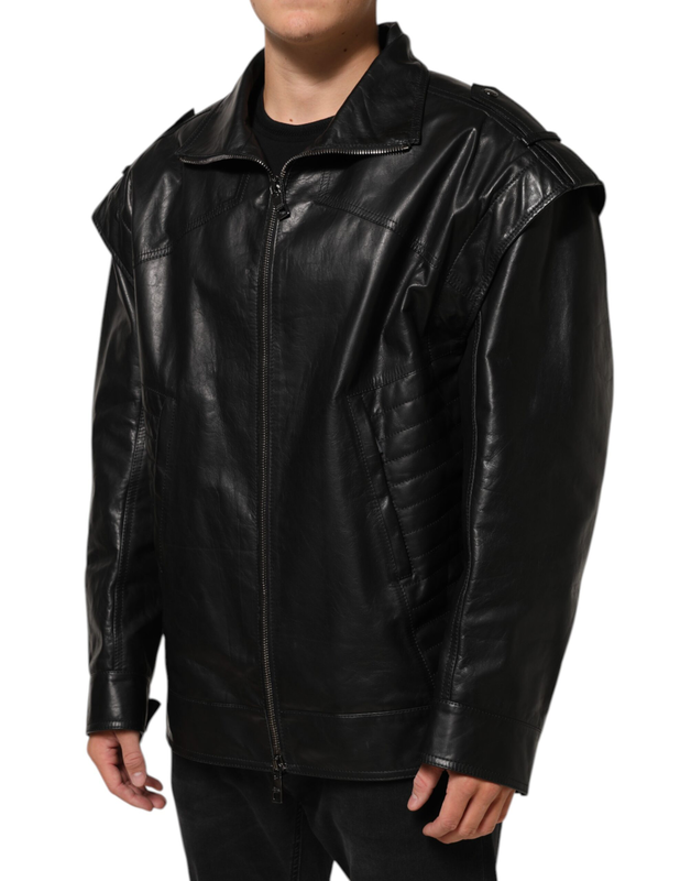 Black leather full zip biker blouson jacket-null