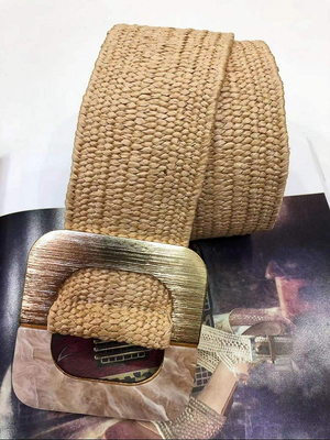 Square buckle straw belt natural, Beige Nude, medium