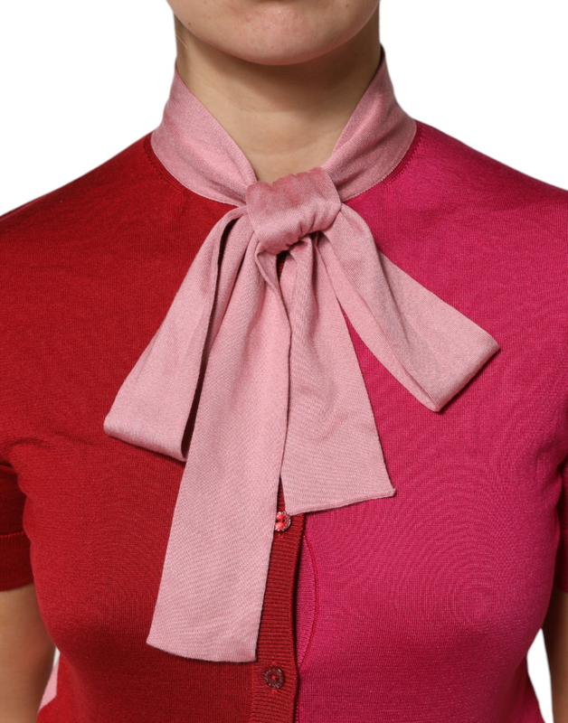 Pink short sleeves buttoned ascot collar top-null