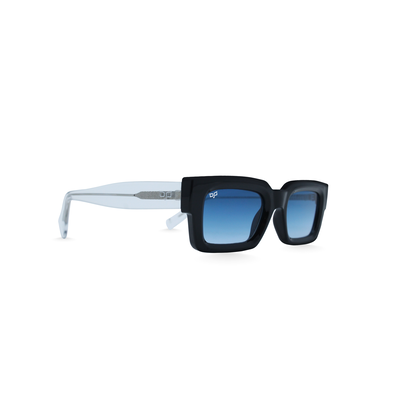 OJO sunglasses classic square black frame and clear temples with blue gradient lenses rx