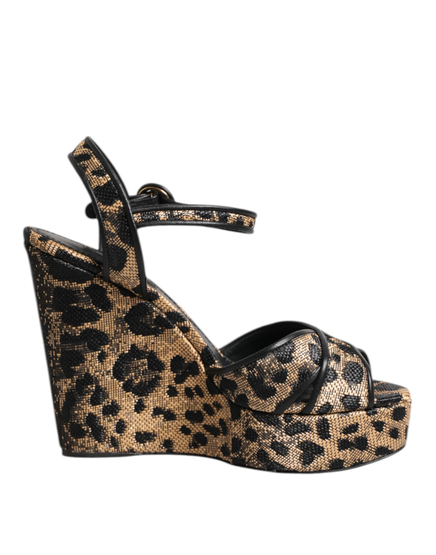 Brown leopard wedges ankle strap sandals shoes-null