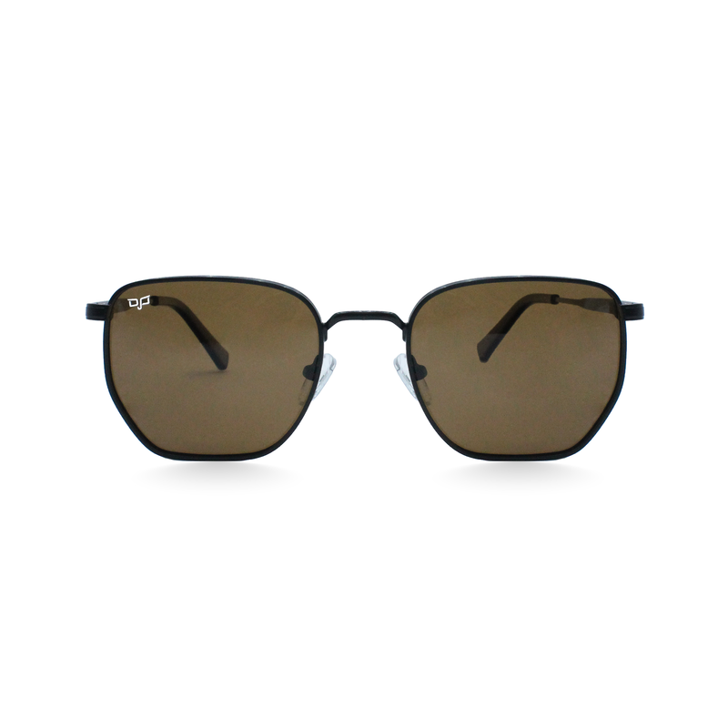 OJO sunglasses square black frame and temples with polarised brown lenses rx-null