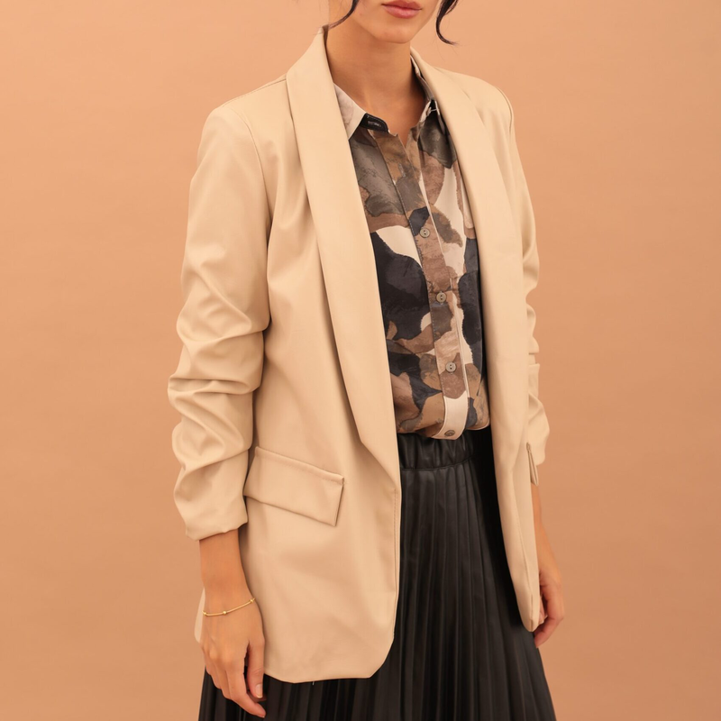 Mirabel faux leather ruffle sleeve blazer - beige-null