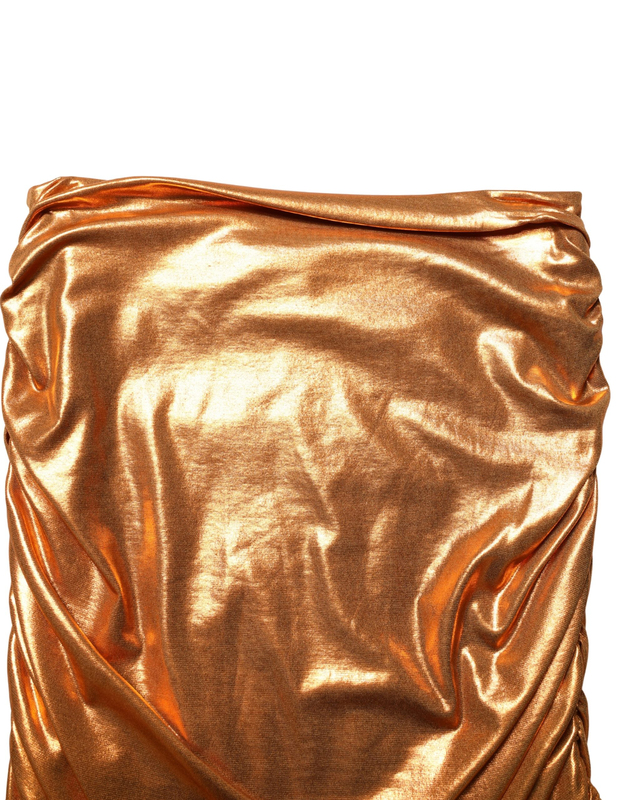 Metallic orange ruched lame bodycon mini skirt-null