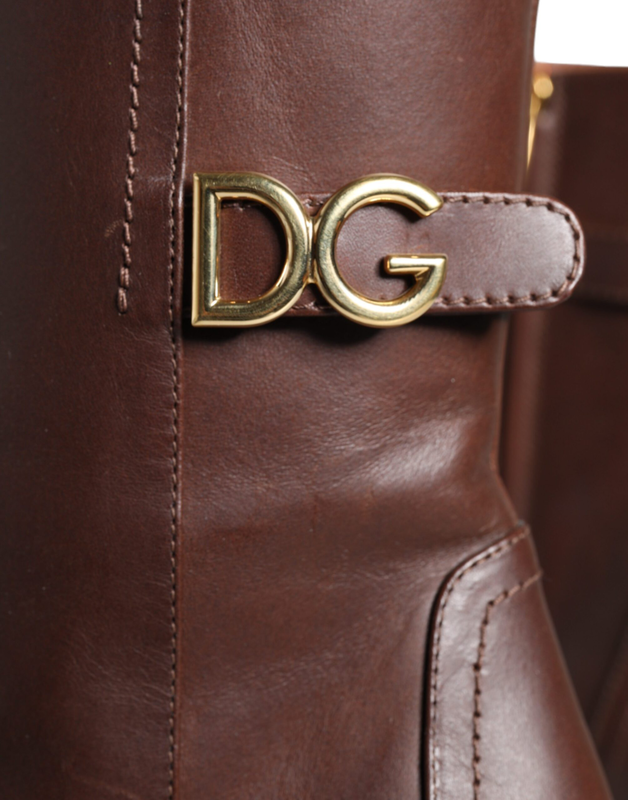 Brown leather heels mid calf boots shoes-null