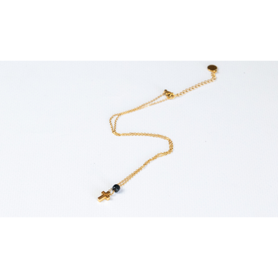 Necklace with Mini Cross and Black Bead, Gold, medium