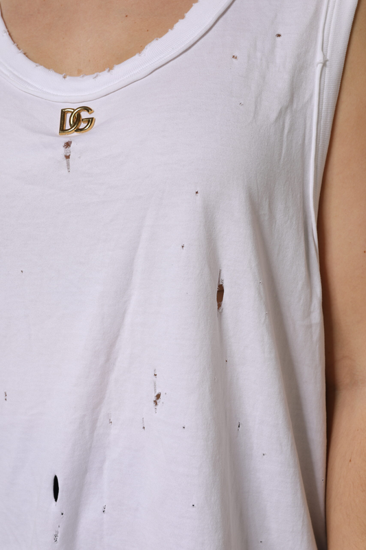White cotton sleeveless round neck tank top-null