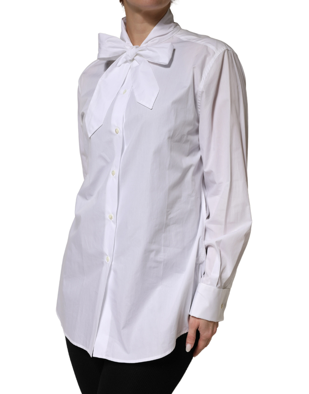 White cotton bow tie long sleeves blouse top-null