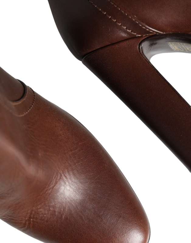 Brown leather heels mid calf boots shoes-null
