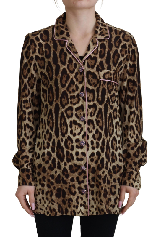 Brown leopard print long sleeves blouse top-null