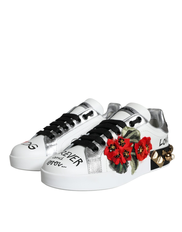 White leather floral studded sneakers shoes-null