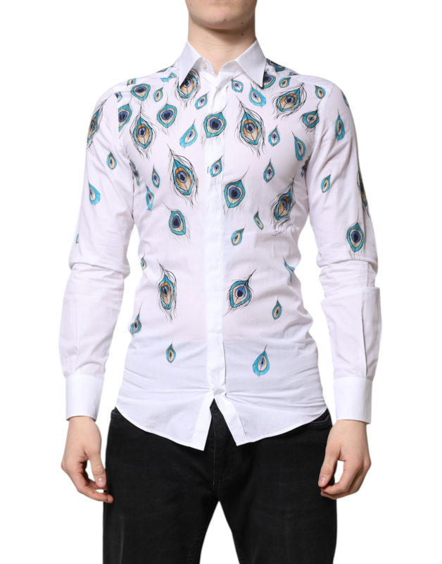 White cotton feather print gold dress shirt-null