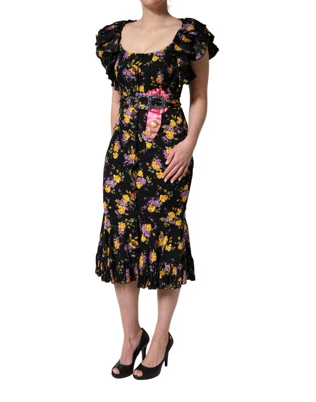 Black purple crystal brooch silk midi dress-null