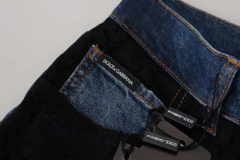 Black floral lace front skinny denim jeans-null