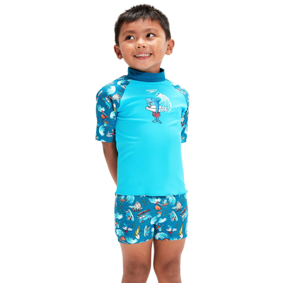 Speedo infant boys short sleeve printed rash top set (800323, Blue, medium
