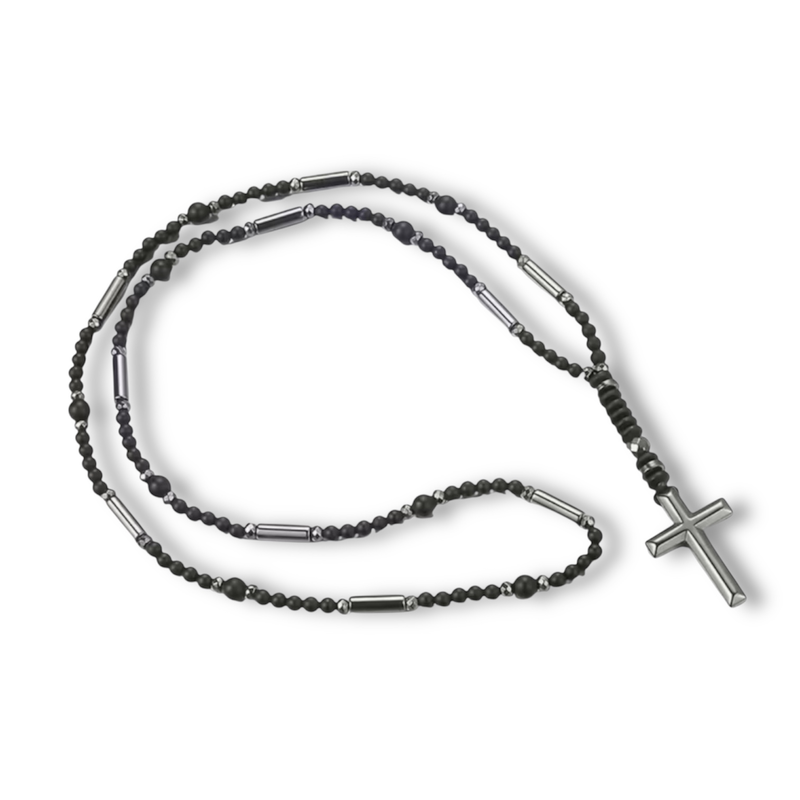 Black stone & gun metal steel cross necklace-null