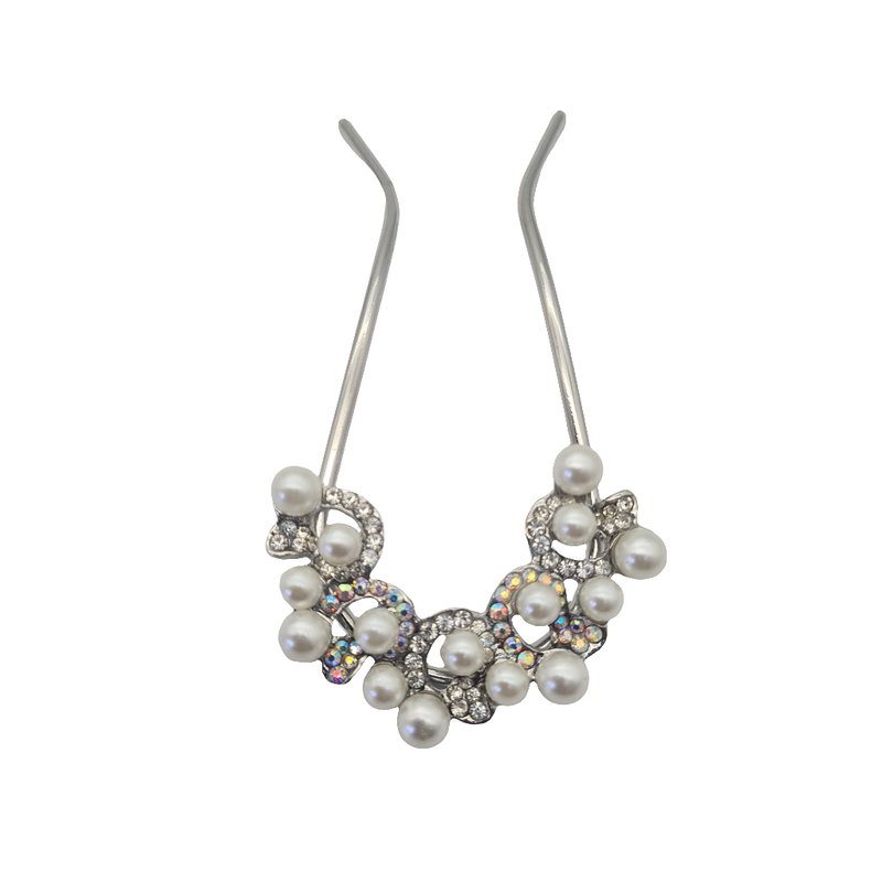 Product image: Faux pearl crystal rhinestone flower floral silver gold metal u shape hair fork stick clip pin pick women fashion accessory gift-null