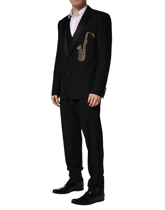Black wool silk saxophone slim fit 3pc suit-null