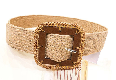 Wooden square  buckle straw belt natural