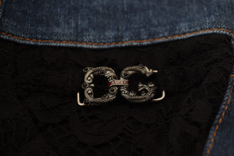 Black floral lace front skinny denim jeans-null