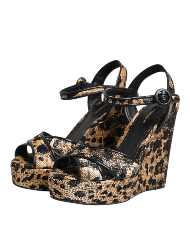 Brown leopard wedges ankle strap sandals shoes-null