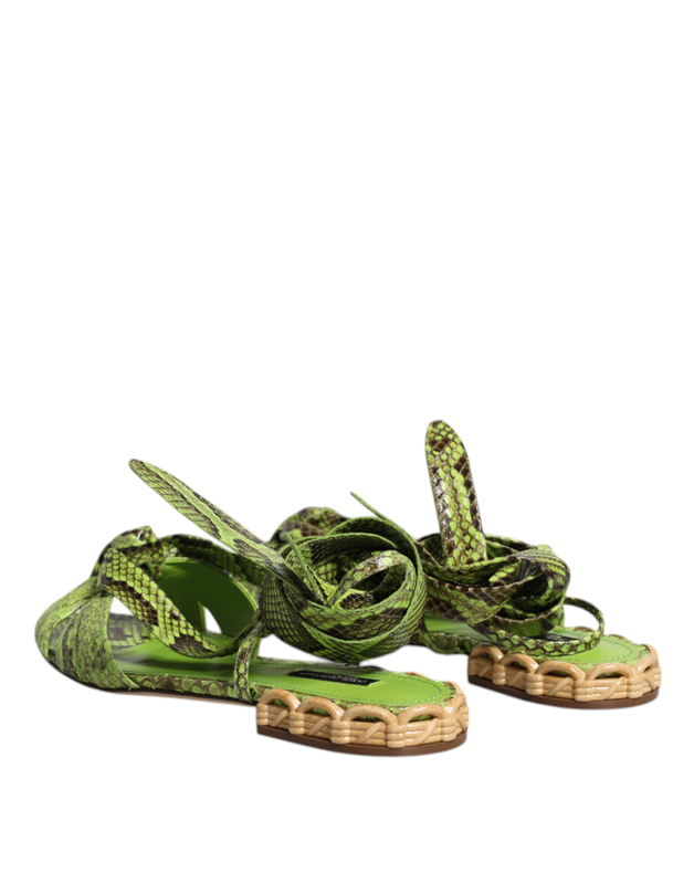 Green animal print ankle wrap sandals shoes-null