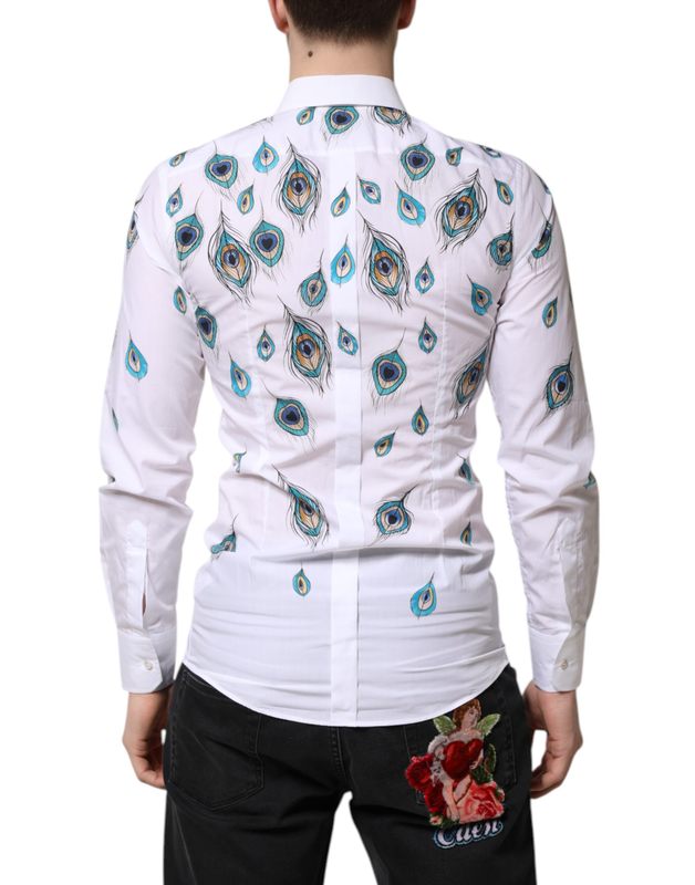 White cotton feather print gold dress shirt-null
