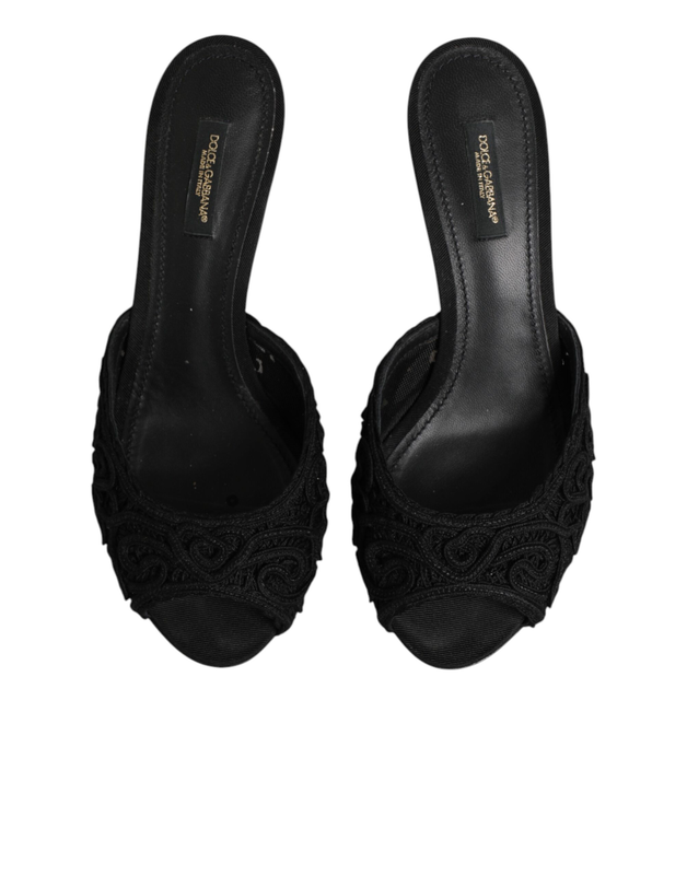 Black embroidered slip on heels slides shoes-null