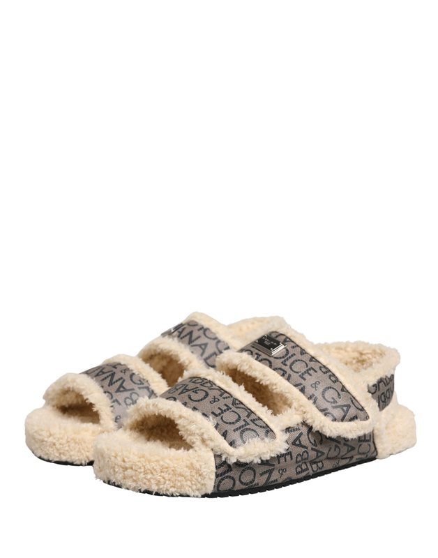 Beige faux fur logo print flats sandals shoes-null