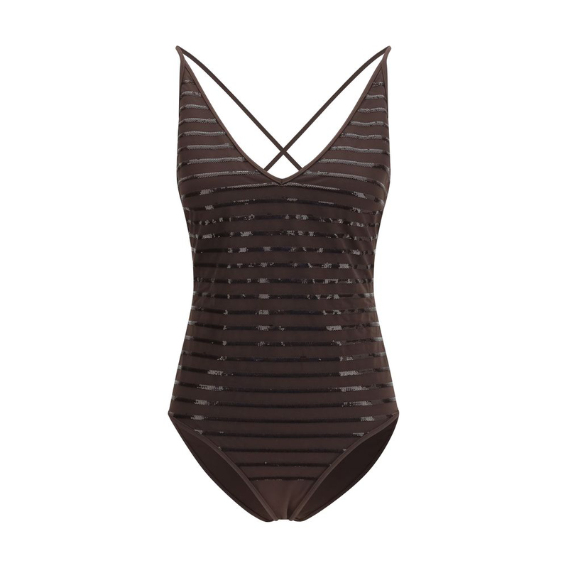 Brown nylon one-piece swimsuit-null