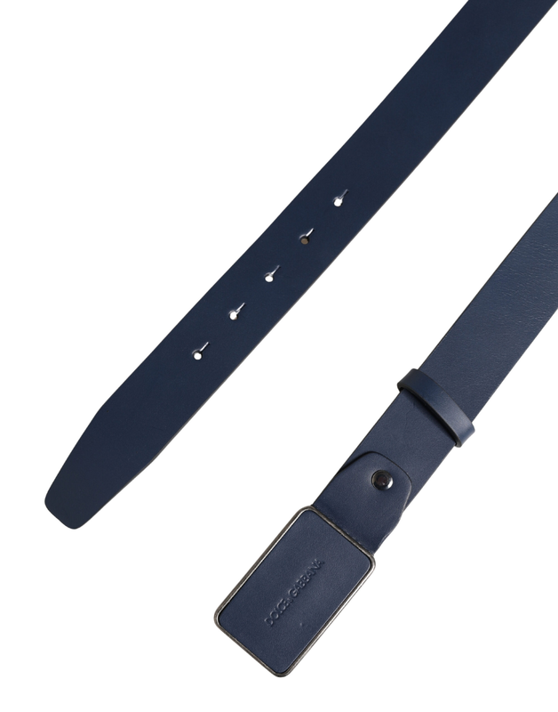 Blue leather logo metal buckle men belt-null