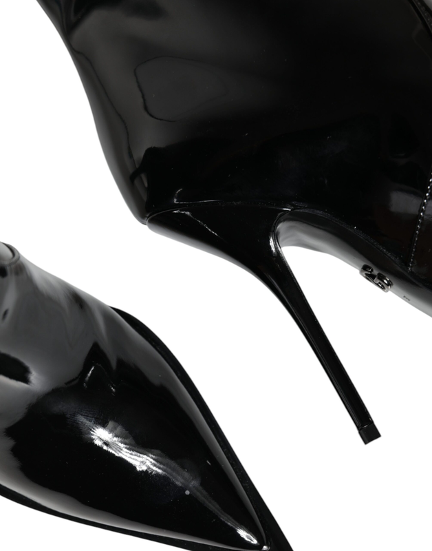 Black patent leather mid calf boots shoes-null