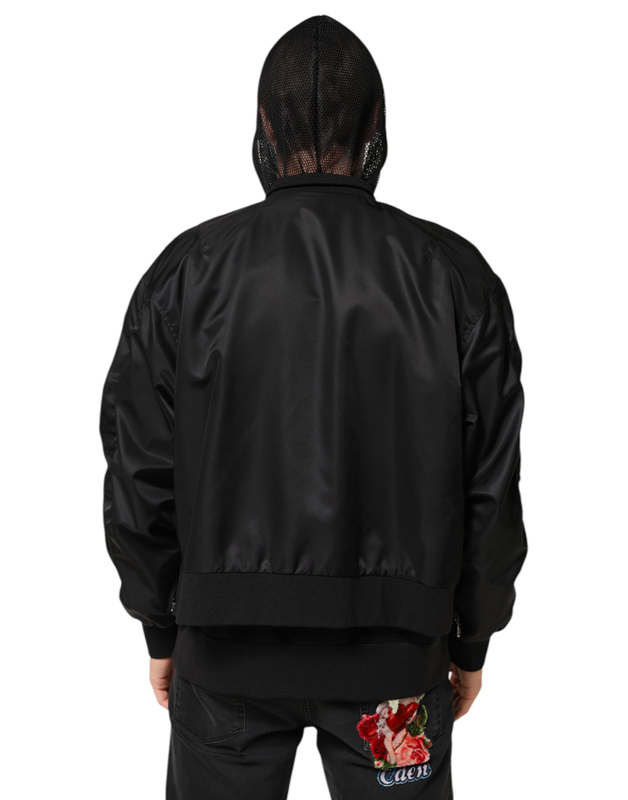 Black nylon hooded full zip bomber men jacket-null