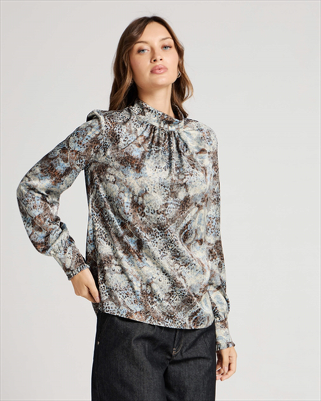 Blouse printed ruched mock neck-null